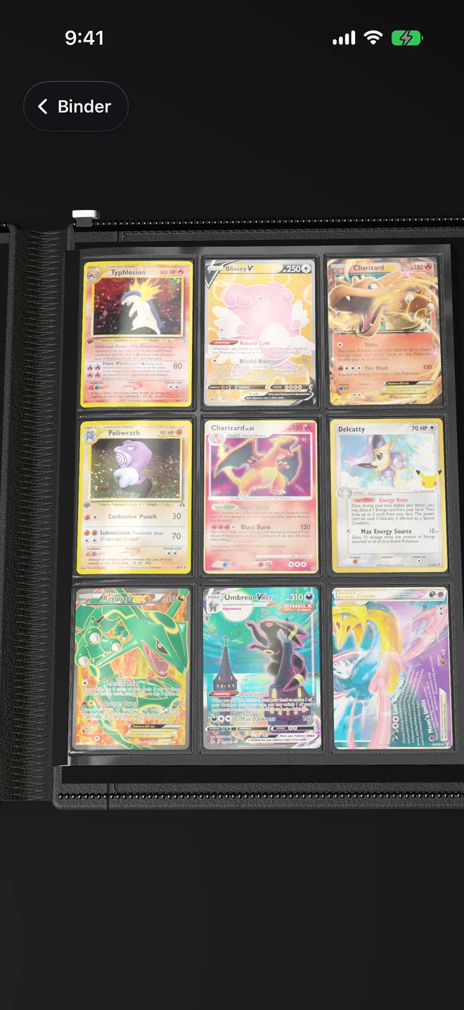 Pulled binder page with nine Pokémon cards in sleeves