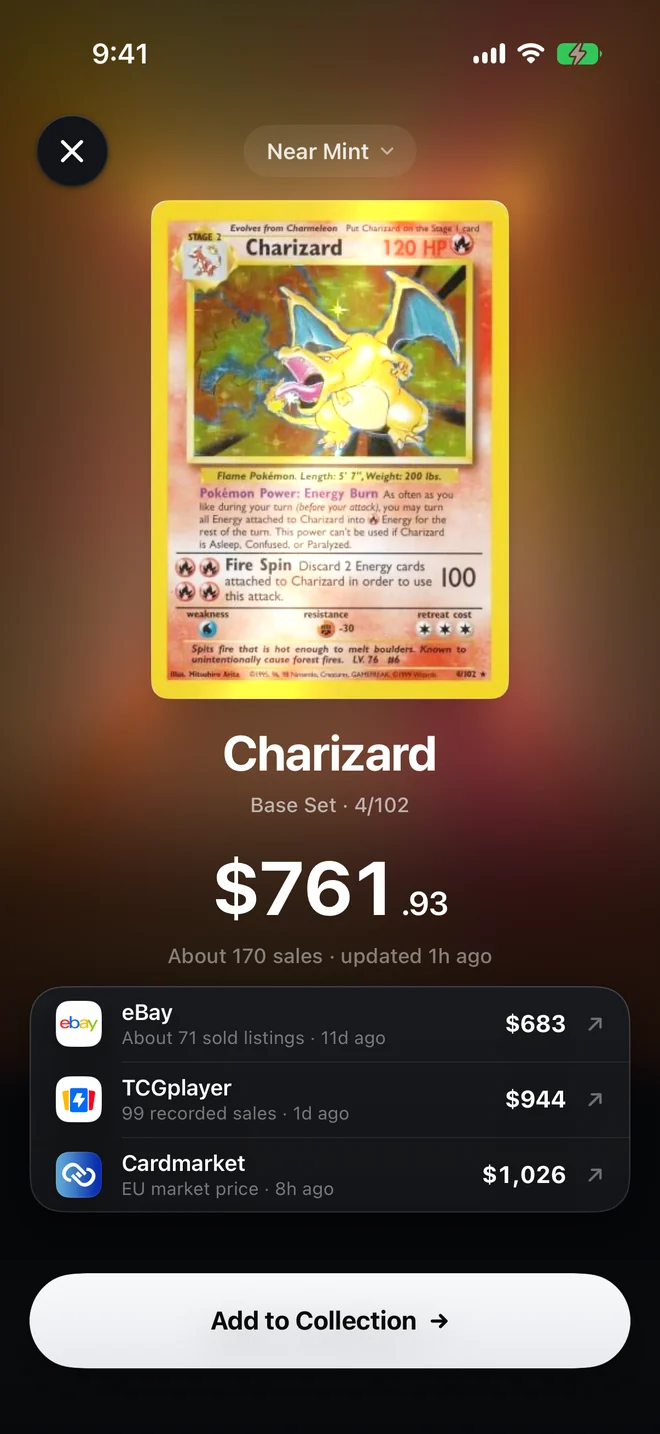 Pulled price page for Base Set Charizard at $761.93 across eBay, TCGplayer and Cardmarket